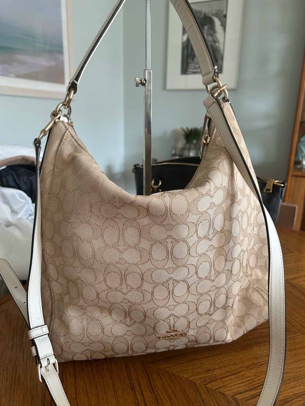 Coach Beige Signature Canvas Shoulder Bag with White Trim